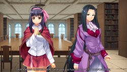  2girls ahoge ascot atelier-moo belt black_hair book bookshelf breasts brown_belt brown_eyes chair clenched_hands closed_mouth collared_shirt eve_gallagher_(revival) flower game_cg green_eyes hair_between_eyes hair_ribbon hands_on_own_chest indoors jacket large_breasts leaf library long_hair long_skirt long_sleeves looking_down multiple_girls non-web_source official_art parted_bangs pink_ascot pink_ribbon pleated_skirt purple_jacket red_shawl red_vest ribbon rose shawl sheela_sheffield_(revival) shirt side-by-side skirt standing table tareme v-shaped_eyebrows very_long_hair vest white_shirt white_skirt window yellow_flower yellow_rose yuukyuu_gensoukyoku yuukyuu_gensoukyoku_revival 