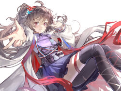  1girl absurdres animal_ears arknights brown_hair coat commentary_request dress eyjafjalla_(arknights) eyjafjalla_the_hvit_aska_(arknights) geez highres horns long_hair looking_at_viewer official_alternate_costume open_clothes open_coat pink_eyes purple_dress sheep_ears sheep_girl sheep_horns simple_background single_leg_pantyhose solo white_background white_coat 