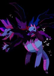  black_sclera colored_sclera commentary_request dragon fangs full_body highres hydreigon mendako_(tyatyaumai29) multiple_heads no_humans open_mouth pokemon pokemon_(creature) pokemon_focus red_eyes solo wings 