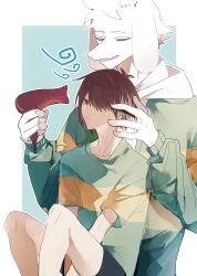  1boy 1other absurdres adoptive_siblings androgynous animal_ears asriel_dreemurr brown_hair chinese_commentary commentary_request deltarune drying drying_another's_hair drying_hair expressionless furry furry_male goat_boy goat_ears goat_horns hair_dryer hand_in_another's_hair highres hikokisleep247 holding holding_hair_dryer hood hoodie horns kris_(deltarune) leaning_on_person long_sleeves red_eyes shirt shorts siblings striped_clothes striped_hoodie striped_shirt utdr_(toby_fox) white_fur 