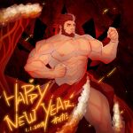  1boy abs alternate_costume bara beard biceps cape chest embers facial_hair fate/grand_order fate/zero fate_(series) fur-trimmed_cape fur_trim happy_new_year iskandar_(fate) lrpanda00 male_focus muscle naked_cape navel new_year nipples red_eyes redhead shirtless short_hair solo thick_thighs thighs 