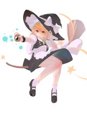  1girl absurdres apron back_bow black_hat black_shoes black_skirt black_vest blonde_hair bow braid broom broom_riding chinese_commentary commentary_request full_body green_bow hair_bow hat hat_bow highres kirisame_marisa llona mary_janes mini-hakkero shoes side_braid single_braid skirt socks solo star_(symbol) touhou vest waist_apron white_apron white_bow white_socks witch_hat yellow_eyes 
