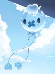  blue_sky clouds commentary_request day drifloon full_body highres iwasi_29 no_humans outdoors pokemon pokemon_(creature) pokemon_focus sky solo twitter_username 
