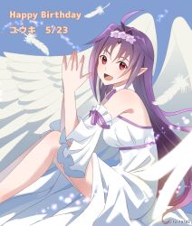  1girl :d ahoge alternate_costume angel_wings artist_name bare_shoulders blue_background breasts character_name commentary_request detached_collar detached_sleeves dress falling_feathers feathered_wings feathers feet_out_of_frame flower flower_hairband from_side hair_intakes happy_birthday highres long_dress long_hair looking_at_viewer looking_to_the_side medium_breasts neck_ribbon own_hands_together pink_flower pointy_ears purple_hair purple_ribbon purple_trim red_eyes ribbon simple_background sitting sleeveless sleeveless_dress smile solo straight_hair sword_art_online three-quarter_sleeves translation_request tu_tora2 twitter_username very_long_hair watermark white_dress white_feathers white_wings wing_collar wings yuuki_(sao) 