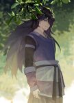  1boy black_hair cowboy_shot fengxi_(the_legend_of_luoxiaohei) hair_over_one_eye highres leaf long_hair long_sleeves looking_at_viewer outdoors smile solo the_legend_of_luo_xiaohei tree violet_eyes xiandao1213 