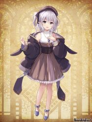  1girl :d abstract_background bare_legs bare_shoulders beret black_corset blue_gem blue_shoes brown_hat brown_jacket brown_skirt character_request commentary_request copyright_name corset flat_chest frilled_skirt frills full_body gem grey_eyes hand_on_own_chest hands_up hat high-waist_skirt hood hooded_jacket jacket jewelry looking_at_viewer medium_hair necklace off_shoulder official_art one_side_up open_clothes open_jacket open_mouth pandora_party_project pointy_ears shirt shoes skirt sleeveless sleeveless_shirt smile solo tougo turtleneck turtleneck_shirt white_hair white_shirt white_trim 