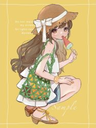  1girl bag bare_shoulders blue_shorts blush bow brown_eyes brown_hair brown_hat brown_sandals closed_mouth commentary_request dot_nose dress eating food full_body hat hat_bow holding holding_food long_hair looking_at_viewer original ponpul popsicle sample_watermark sandals shorts simple_background sleeveless sleeveless_dress solo squatting straw_hat sun_hat twitter_username watermark watermelon_bar white_bow white_dress 