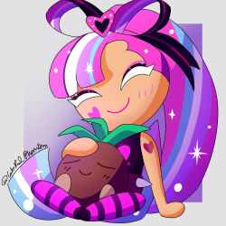  1girl belt blush bow catredphantom closed_eyes coconut coconutian cookie_run cookie_run:_kingdom female glitter glitter_in_hair hair_ornament heart heart_on_cheek heart_tattoo long_hair makeup multicolored_hair petting pink_hair ponytail resting shining_glitter_cookie smile stockings tank_top wholesome 