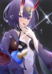  1girl bangs blush bob_cut breasts cup eyeliner fate/grand_order fate_(series) gourd headpiece highres horns japanese_clothes kimono looking_at_viewer makeup oni oni_horns open_clothes open_kimono purple_hair purple_kimono revealing_clothes sakazuki short_hair shuten_douji_(fate/grand_order) skin-covered_horns small_breasts smile tongue tongue_out violet_eyes yamada_(yamadadesuyo212) 