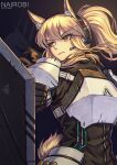  1girl animal_ear_fluff animal_ears arknights armor bangs black_background black_gloves blonde_hair breastplate commentary_request gloves headphones headset highres kingdom_of_kazimierz_logo long_hair nairobi_song nearl_(arknights) pauldrons ponytail shield shoulder_armor sidelocks simple_background solo upper_body yellow_eyes 