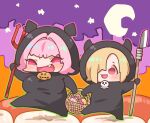  2girls basket blonde_hair blush breasts candy chibi crescent_moon eyebrows_visible_through_hair fang food full_body hair_over_one_eye halloween hand_up holding holding_basket holding_pitchfork idolmaster idolmaster_cinderella_girls large_breasts moon multiple_girls open_mouth pink_eyes pink_hair pitchfork red_eyes shiny shiny_hair shirasaka_koume short_eyebrows short_hair smile standing standing_on_one_leg takato_kurosuke v-shaped_eyebrows yumemi_riamu 