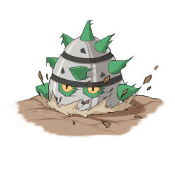  commentary_request debris ferroseed highres motion_blur one-hour_drawing_challenge partially_buried pokemon pokemon_(creature) pokemon_focus simple_background solo spikes spinning suguru_(su_ghoul) white_background 