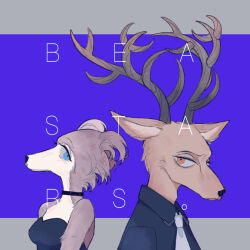  alternate_costume antlers beastars behind_another black_choker black_dress blue_eyes choker closed_mouth collared_shirt couple deer_boy dress english_commentary english_text from_side furry furry_female furry_male hetero horns juno_(beastars) looking_to_the_side louis_(beastars) necktie orange_eyes reindeer_antlers sakurai_rin shade shirt standing upper_body wolf_girl 