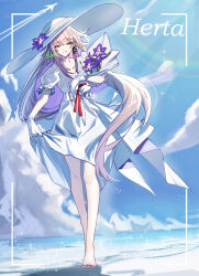  1girl alternate_costume artist_name barefoot blue_sky bouquet brown_hair character_name clothes_lift clouds collarbone commentary_request dress dress_lift dutch_angle flower fukafuka_ekaki full_body gloves hat hat_flower herta_(honkai:_star_rail) highres holding holding_bouquet honkai:_star_rail honkai_(series) long_hair nail_polish outdoors puffy_short_sleeves puffy_sleeves purple_flower purple_nails rainbow short_sleeves sky smile solo standing sun_hat the_herta_(honkai:_star_rail) toenail_polish toenails very_long_hair violet_eyes white_dress white_gloves white_hat 