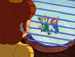  1girl 1other 2boys animal_ears blue_eyes blue_overalls brown_hair crown dress earrings facial_hair flipped_hair flower_earrings fox fox_ears fox_mccloud fox_tail from_behind furry furry_male gloves gold_crown hat jewelry mario medium_hair meme multiple_boys mustache orange_dress overalls pikmin_(creature) pikmin_(series) princess_daisy puffy_short_sleeves puffy_sleeves red_hat red_shirt rodrigocoelhoc shirt short_hair short_sleeves smile solo_focus spongebob_squarepants_(series) squidward_looking_out_the_window_(meme) star_fox super_mario_bros. tail the_super_mario_galaxy_movie upper_body white_gloves yellow_dress 