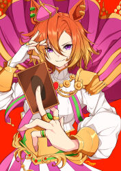  1girl absurdres amaxa animal_ears armor breasts cape card commentary_request crown fingerless_gloves gloves gold_corset hair_between_eyes highres holding holding_card horse_ears horse_girl jewelry long_sleeves looking_at_viewer mini_crown multiple_rings orange_hair parted_lips pink_cape pink_crown playing_card ring shirt short_hair shoulder_armor single_fingerless_glove skirt smile solo t.m._opera_o_(o_sole_suo!)_(umamusume) t.m._opera_o_(umamusume) two-tone_skirt umamusume violet_eyes white_shirt yu-gi-oh! 