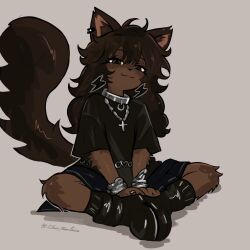  1girl :3 animal_ear_fluff animal_ears black_boots black_shirt black_skirt boots bracelet brown_eyes brown_fur brown_hair cat_ears cat_girl cat_tail chain_belt collar commentary earrings furry furry_female goth_fashion grey_background highres jewelry klaus_monteiro lightning_bolt_earrings lightning_bolt_symbol long_hair looking_at_viewer necklace original shirt signature simple_background sitting skirt tail untranslatable_commentary very_long_hair 