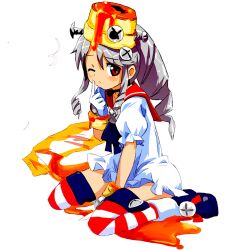  1girl 2channel artist_request bisuke-tan bisuke-tan_(cosplay) cosplay dress grey_hair maple_syrup microsoft_windows object_through_head one_eye_closed os-tan red_eyes screw_in_head transparent_background vistake white_dress windows_vista 