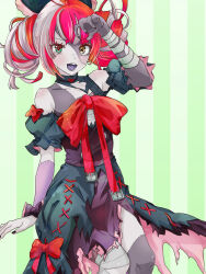  1girl arm_up bandaged_arm bandages black_bow black_dress blunt_ends bow bowtie commentary cowboy_shot diamond-shaped_pupils diamond_(shape) double_bun dress english_commentary green_eyes hair_bow hair_bun heterochromia highres hololive hololive_indonesia invisible_chair kureiji_ollie kureiji_ollie_(1st_costume) layered_skirt looking_at_viewer mismatched_pupils multicolored_hair open_mouth patchwork_skin puffy_short_sleeves puffy_sleeves red_bow red_bowtie red_hair ribbon short_sleeves sitting skirt solo stitched_arm stitched_face stitched_leg stitched_torso stitches striped_background symbol-shaped_pupils torn_clothes torn_dress two-tone_hair vertical-striped_background virtual_youtuber white_hair wrist_ribbon x-shaped_pupils yellow_eyes zaki_zaki_zaki zombie 