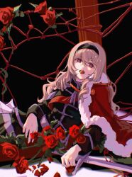  1girl black_background blonde_hair capelet flower food food_in_mouth fruit fur_trim hair_between_eyes headband highres l_01010_0 leaning_back leaning_to_the_side long_hair long_sleeves looking_at_viewer open_mouth red_capelet red_flower red_rope red_rose rope rose saijo_claudine school_uniform seisho_music_academy_school_uniform shoujo_kageki_revue_starlight skirt solo strawberry suit sword upper_body violet_eyes wavy_hair weapon 