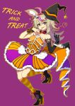  1girl absurdres alternate_costume bare_shoulders black_gloves blonde_hair collarbone eyebrows_visible_through_hair gloves halloween hat heart high_heels highres hololive looking_at_viewer omaru_polka purple_background single_glove skirt solo striped striped_legwear sui_hi_sf virtual_youtuber witch_hat 