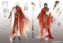 2boys absurdres alternate_costume ankle_ribbon anklet aqua_eyes arm_guards asymmetrical_sleeves barefoot bell bird bird_brooch black_boots black_hair black_sash blade_(honkai:_star_rail) boots cape chinese_clothes chinese_commentary chinese_text closed_mouth commentary_request crescent crescent_earrings crescent_necklace curtained_hair dan_feng_(honkai:_star_rail) dan_heng_(honkai:_star_rail) dan_heng_(imbibitor_lunae)_(honkai:_star_rail) dragon_boy dragon_horns earrings eastern_dragon_horns feathers flame_print flower full_body gradient_background green_ribbon grey_background hair_between_eyes hair_flower hair_ornament hanfu highres honkai:_star_rail honkai_(series) horn_ornament horns iridescent_clothes jade_(gemstone) jewelry jingle_bell leg_ribbon long_hair long_sleeves looking_at_viewer luningzi male_focus matching_outfits mismatched_sleeves moon_phases multiple_boys necklace parted_bangs parted_lips pearl_necklace pelvic_curtain pendant plume pointy_ears red_cape red_feathers red_hanfu red_ribbon red_robe reference_sheet reflective_floor ribbon robe sash seal_impression side-by-side single_earring smile star_(symbol) star_necklace straight-on swallow_(bird) tassel tassel_earrings tassel_necklace two-tone_hanfu very_long_hair violet_eyes waist_sash watermark weibo_watermark white_background white_hair white_hanfu white_robe wide_sleeves yingxing_(honkai:_star_rail) 