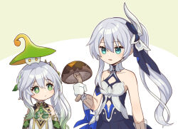  2girls aqua_eyes bare_arms bare_shoulders blue_dress breasts closed_mouth commentary_request corn_kuten crossover dot_nose dress flat_chest fungi_(genshin_impact) genshin_impact gloves green_eyes green_hair grey_hair hair_between_eyes hair_ornament holding honkai_(series) honkai_impact_3rd hualing long_hair looking_at_another mihoyo multicolored_hair multiple_girls mushroom nahida_(genshin_impact) parted_lips pointy_ears ponytail shiitake simple_background small_breasts streaked_hair tamura_yukari theresa_apocalypse theresa_apocalypse_(twilight_paladin) upper_body voice_actor_connection white_gloves 