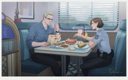  1boy 1girl absurdres albert_wesker alternate_universe arm_on_table artist_name belt black_belt black_pants blonde_hair blue_eyes blue_shirt booth_seating border brown_hair closed_mouth coffee coffee_mug collared_shirt commentary cup day dimple diner doughnut english_commentary figure food french_fries fried_egg from_side glasses highres holding holding_cup holding_food holding_menu indoors jill_valentine jukebox ketchup_bottle looking_at_another menu mr._raccoon_(resident_evil) mug mustard_bottle pants parted_lips police police_badge police_uniform resident_evil rya6ina sandwich sausage shirt short_hair short_sleeves signature sitting sleeves_rolled_up smile steam table white_border window window_blinds 