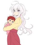  1boy 1girl ahoge baby carrying earrings if_they_mated jewelry lanlanlap light_purple_hair long_sleeves mother_and_son older redhead senki_zesshou_symphogear senki_zesshou_symphogear_xd_unlimited violet_eyes white_background yukine_chris 