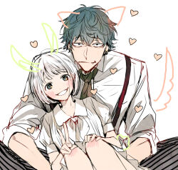  1boy 1girl alternate_universe beastars behind_another blunt_bangs blush closed_mouth collared_shirt commentary couple curly_hair fang fang_out green_eyes grey_hair hair_between_eyes happy haru_(beastars) height_difference hetero humanization knees_together_feet_apart leaning_back leaning_forward leaning_to_the_side legoshi looking_at_viewer necktie pants personification sakurada_reiko school_uniform shirt short_hair short_sleeves sitting sleeves_rolled_up smile suspenders upper_body v white_background 