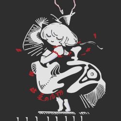  1girl 3ma_can_omochi abstract black_background closed_eyes closed_mouth commentary_request dress ebisu_eika from_side full_body greyscale highres monochrome short_sleeves simple_background smile solo spot_color standing tiptoes touhou 