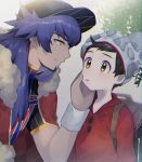  2boys bangs beanie blush buttons cable_knit cape commentary_request eye_contact facial_hair fingernails fur-trimmed_cape fur_trim grey_headwear hat highres leon_(pokemon) long_hair looking_at_another male_focus multiple_boys open_mouth orange_eyes oshi_taberu parted_lips pokemon pokemon_(game) pokemon_swsh purple_hair red_cape red_shirt shirt short_sleeves tongue victor_(pokemon) white_wristband yellow_eyes 