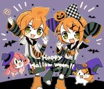  /\/\/\ 1boy 1girl arm_up bangs bat black_legwear black_shorts blush_stickers bow candy checkered checkered_bow chibi claw_pose commentary fang food grey_shirt hair_bow hair_ornament hairclip happy_halloween hat holding holding_candy holding_food holding_lollipop jack-o&#039;-lantern jack-o&#039;-lantern_hair_ornament kagamine_len kagamine_rin leg_warmers lollipop looking_at_viewer mismatched_legwear najo octopus open_mouth orange_hair orange_legwear pink_hair purple_background purple_headwear sharp_teeth shirt short_hair shorts skirt sleeves_past_fingers sleeves_past_wrists smile solid_oval_eyes spiky_hair striped striped_bow striped_shorts striped_sleeves suspender_skirt suspenders swept_bangs takoluka teeth tentacle_hair vocaloid witch_hat yellow_eyes 