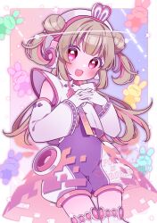  1girl :d beret blush brown_hair cowboy_shot cropped_jacket detached_sleeves double_bun fang gloves hair_bun hair_intakes hat headphones highres interlocked_fingers jacket long_hair looking_at_viewer natori_sana open_mouth own_hands_together pink_eyes sana_channel sidelocks skin_fang smile solo umecha_0 virtual_youtuber watermark white_gloves white_hat white_jacket white_sleeves 