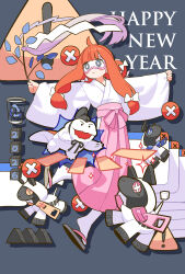  1girl ahoge artist_self-insert black_background blush closed_mouth creature double_bun english_text error_message floating_hair futomi_(inemuri) hair_bun hakama happy_new_year hat highres holding horse icon_(computing) inemuri_(jdq5e) japanese_clothes kimono long_hair miko orange_hair original outstretched_arms pink_hakama recycle_bin sandals shide sidelocks simple_background sleep_mask solo spread_arms tate_eboshi white_kimono window_(computing) wooden_horse zouri 