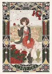  1girl absurdres bird black_boots black_coat black_hair boots border carbuncle_(reverse:1999) character_name chinese_commentary city closed_mouth coat commentary_request dress falling_petals feather_dress feather_hair_ornament feathers flower full_body hair_ornament hairband hand_up highres holding holding_flower looking_at_viewer on_railing ornate_border petals railing red_dress red_eyes red_feathers red_flower reverse:1999 schneider_(reverse:1999) short_dress short_hair sitting smile solo white_bird white_hairband zhuyingmiao 