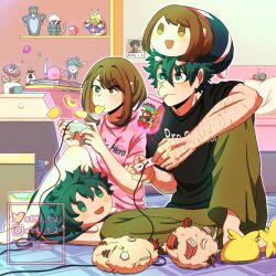  1boy 1girl all_might among_us bakugou_katsuki black_shirt boku_no_hero_academia brown_eyes brown_hair brown_pants character_doll chips_(food) commentary controller couch doll drinking drinking_straw eyes_visible_through_hair food game_controller green_eyes green_hair highres holding holding_controller holding_game_controller juice_carton kirby kirby_(series) medium_hair midoriya_izuku mu_1_2 outline pants photo_(object) pillow pink_shirt playing_games playing_video_games potato_chips red_(among_us) scar scar_on_arm scar_on_cheek scar_on_face scar_on_hand shelf shirt table tokoyami_fumikage tom_(tom_and_jerry) tom_and_jerry twitter_username uraraka_ochaco watermark 