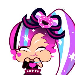  1girl belt blueberrycamille bow bracelet closed_eyes cookie_run cookie_run:_kingdom female glitter glitter_in_hair hair_ornament hands_on_own_face heart heart_on_cheek long_hair multicolored_hair pink_hair ponytail puffed_cheeks shining_glitter_cookie skirt smile tank_top wholesome 