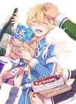  1boy 4others bangs birthday blonde_hair blue_flower blue_rose blush cake closed_eyes commentary_request eugeo flower food fruit hand_on_another&#039;s_head happy_birthday holding long_sleeves male_focus military military_uniform multiple_others open_mouth out_of_frame petting rose short_hair shoura simple_background smile solo_focus strawberry sword_art_online sword_art_online:_alicization uniform upper_body upper_teeth white_background 