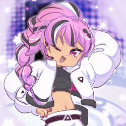 1girl alternate_costume braid braided_ponytail crop_top eyelashes female hand_behind_head hand_on_hip hand_on_own_hip headset jacket long_hair multicolored_hair nail_polish official_alternate_costume one_eye_closed open_jacket pants pink_hair pink_nails shining_glitter_cookie shining_glitter_cookie_(superstar_airport_attire) smile third-party_source white_pants