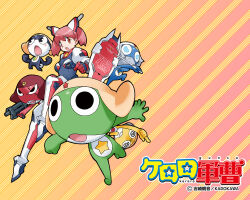  1girl black_eyes blue_eyes copyright_name dororo_(keroro_gunsou) frog full_body giroro glasses gun hat headphones hinata_natsumi keroro keroro_gunsou knife kururu_(keroro_gunsou) long_hair mask mecha_musume mouth_mask ninja_mask official_art official_wallpaper red_background red_eyes shield simple_background star_(symbol) tamama twintails weapon yoshizaki_mine 