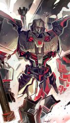  1boy andern3ll arm_cannon autobot commentary helmet highres humanoid_robot insignia joints mecha megatron no_humans red_eyes robot robot_joints science_fiction solo the_transformers_(idw) transformers untranslatable_commentary weapon 