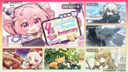  1boy 4girls animal_ears arknights black_cape cape chibi chibi_only coat colored_extremities colored_skin copyright_logo copyright_notice dragon_girl dragon_horns drill_hair eastern_dragon_horns elf fur-trimmed_cape fur_trim grey_eyes grey_hair hamster_ears hamster_girl headphones highres horns lappland_(arknights) laurel_crown livestream logo long_hair looking_at_viewer muelsyse_(arknights) multiple_girls nian_(arknights) official_art open_clothes open_coat open_mouth pink_eyes pink_hair pointy_ears red_hands red_skin scar scar_across_eye scar_on_face short_hair silverash_(arknights) snow_leopard_boy snow_leopard_ears twin_drills u-official_(arknights) violet_eyes white_coat white_hair wolf_ears wolf_girl yellow_eyes 