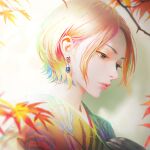  1girl absurdres arata_yokoyama blonde_hair blurry_foreground commentary earrings eyelashes green_eyes highres japanese_clothes jewelry kimono leaf lips lipstick looking_down makeup maple_leaf original portrait profile shadow short_hair skeleton_print skull_earrings solo 