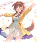  1girl :3 animal_ears bangs blush bone_hair_ornament bracelet brown_eyes brown_hair buttons cartoon_bone collar cowboy_shot dog_collar dog_ears dog_girl dog_tail dress fangs fukahire_(ruinon) hair_between_eyes hair_ornament hairclip highres hololive inugami_korone jacket jewelry long_hair low_twin_braids outstretched_arms red_collar short_dress solo spread_arms standing tail virtual_youtuber white_background white_dress wristband yellow_jacket 