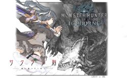  1girl battle black_capelet black_dress black_hair border capelet claws commentary_request copyright_name crossover dress feathers fighting_stance floating_hair foot_out_of_frame frilled_dress frills from_side hair_ribbon highres holding holding_sword holding_weapon honma_misuzu long_hair long_sleeves looking_ahead monster monster_hunter:_world monster_hunter_(series) monster_hunter_world:_iceborne open_mouth outside_border profile ribbon royal_zeng sakura_no_toki sakura_no_uta school_uniform sharp_teeth sidelocks simple_background solo sword teeth twintails upskirt weapon white_background white_border white_feathers white_ribbon 