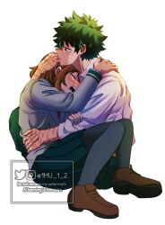  1boy 1girl black_pantyhose black_skirt boku_no_hero_academia brown_eyes brown_shoes closed_eyes comforting commentary crying freckles green_hair green_pants grey_jacket highres hug jacket midoriya_izuku miniskirt mu_1_2 pants pantyhose pleated_skirt scar scar_on_arm scar_on_face school_uniform shoes sitting skirt tearing_up tears u.a._school_uniform uraraka_ochaco watermark 