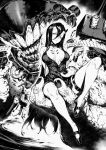  1girl abyssal_ship bacius bangs battleship_princess breasts choker closed_mouth dress greyscale hair_between_eyes highres holding horns kantai_collection large_breasts long_hair monochrome oni oni_horns sitting solo teeth thigh_strap 