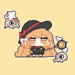  1girl black_hat black_jacket black_skirt bongy_(project_moon) bow bowtie chef_hat chicken_(food) commentary food hair_bow hat hat_bow highres ishmael_(project_moon) jacket limbus_company long_hair orange_hair pixel_art pleated_skirt project_moon red_bow red_bowtie sidelocks skirt solo untranslatable_commentary very_long_hair white_bow xnol_xaxl 