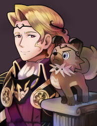  1boy armor baby_animal bigglyboof black_armor blonde_hair blue_eyes brown_fur circlet closed_mouth commentary dog english_commentary fire_emblem fire_emblem_fates highres light_smile male_focus pokemon pokemon_(creature) pokemon_sm pokemon_usum puppy red_eyes rockruff short_hair xander_(fire_emblem) 